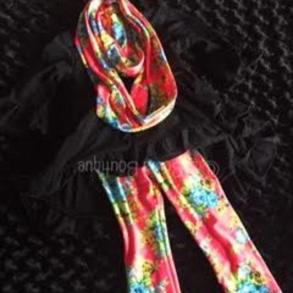 Black Hi/Lo Shirt with Neon Floral Pant 3 pc Set  1222 NWT Boutique